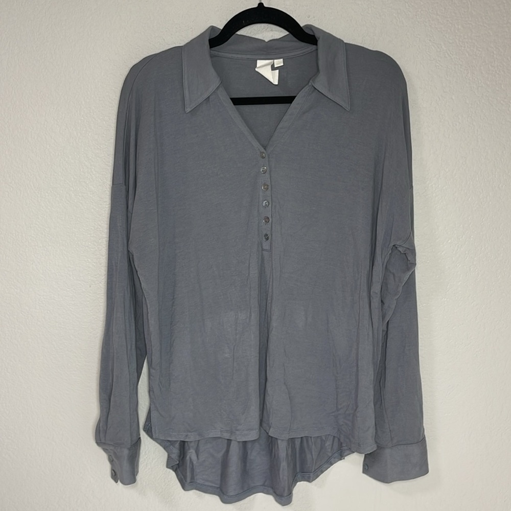 ADY P High Low Top Collared Long Sleeve Gray Modal Soft Cozy Size Large L